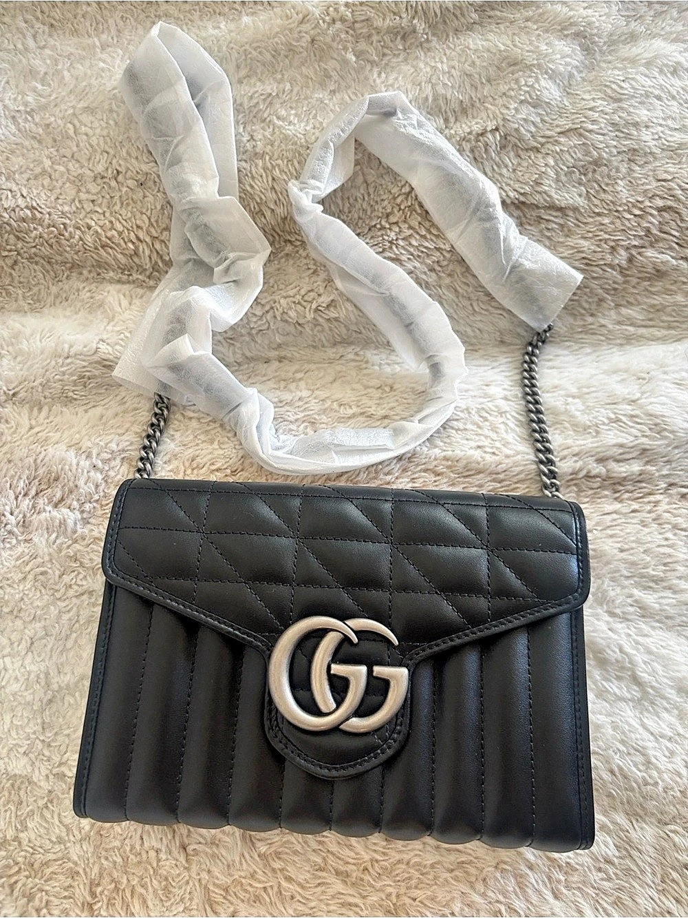 NEW Gucci GG Marmont Matelassé Chain Wallet Black Crossbody Bag